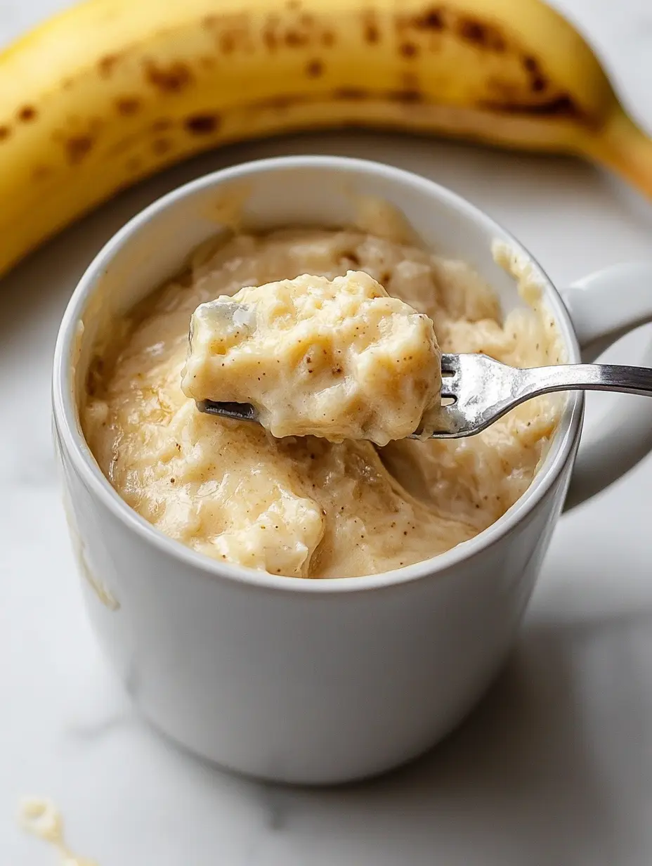 Peanut Butter Banana Mug Cake: A Microwave Hug in a Mug 9 Soft banana mug cake in a white mug with a spoonful showing creamy texture.