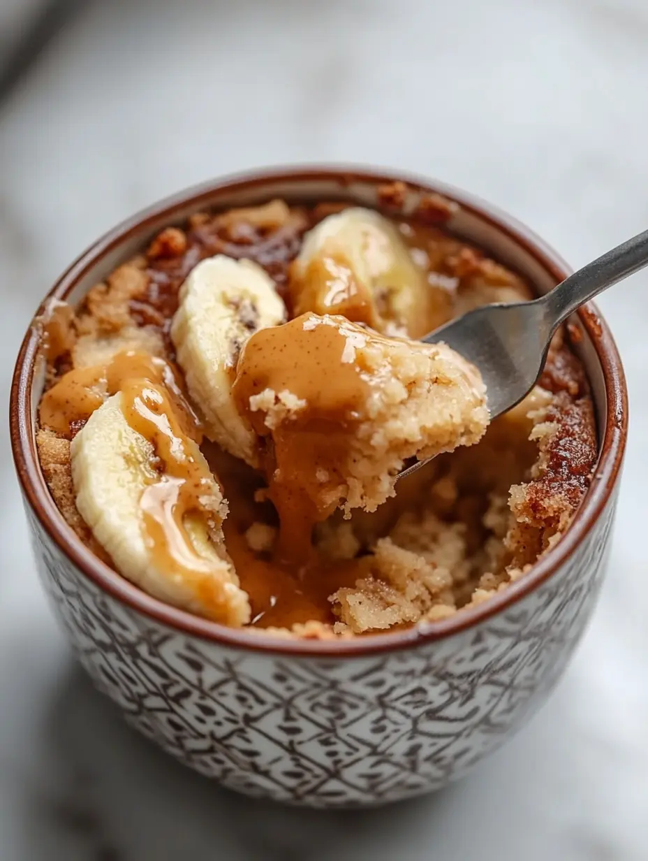 Peanut Butter Banana Mug Cake: A Microwave Hug in a Mug 19 Close-up of peanut butter banana mug cake with a spoon showing the gooey center and sliced banana on top.