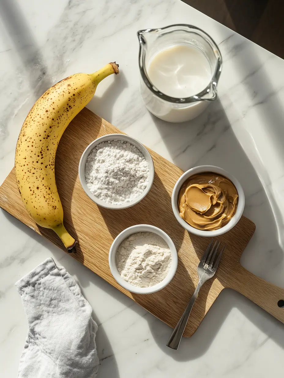 Peanut Butter Banana Mug Cake: A Microwave Hug in a Mug 8 Overhead photo of banana, flour, peanut butter, and milk on white marble with wooden board.