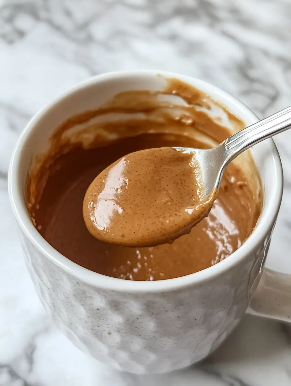 Peanut Butter Banana Mug Cake: A Microwave Hug in a Mug 10 Spoonful of creamy peanut butter being lifted from a white mug.