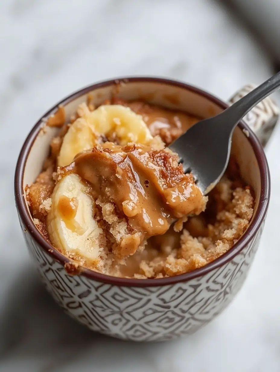 Peanut Butter Banana Mug Cake: A Microwave Hug in a Mug 12 Spoon scooping moist peanut butter banana mug cake from patterned ceramic mug.