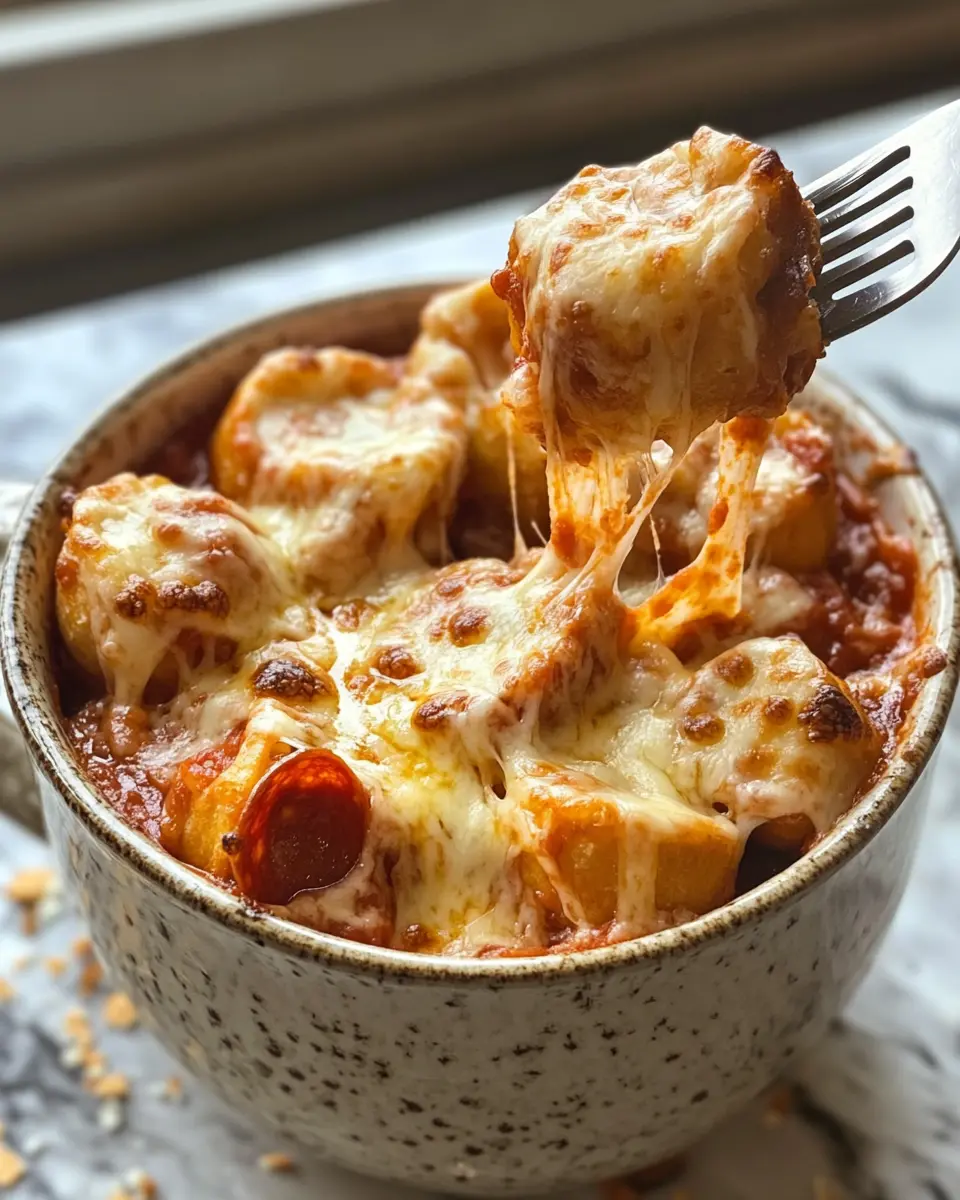 Pizza Mug Baguette: The Cozy Microwave Trend Everyone's Talking About 13 Pizza mug loaded with baguette chunks, melted cheese, and pepperoni.