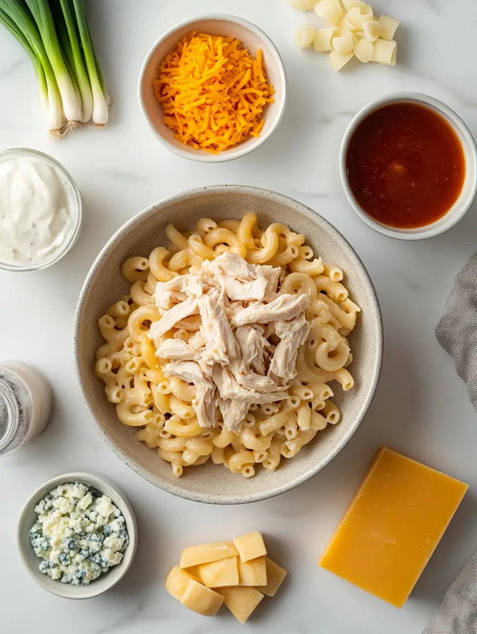 Buffalo Chicken Mug Mac & Cheese: Quick, Cozy, and Microwave-Ready 8 Flat-lay of mac and cheese ingredients including chicken, cheddar, buffalo sauce, and green onion