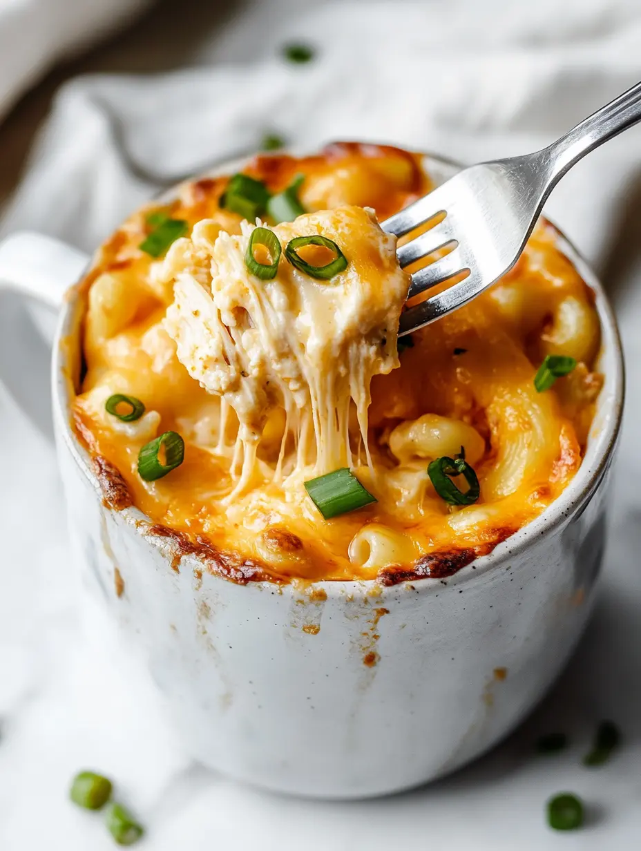 Buffalo Chicken Mug Mac & Cheese: Quick, Cozy, and Microwave-Ready 18 Fork lifting cheesy buffalo chicken mac and cheese with green onion from a white mug