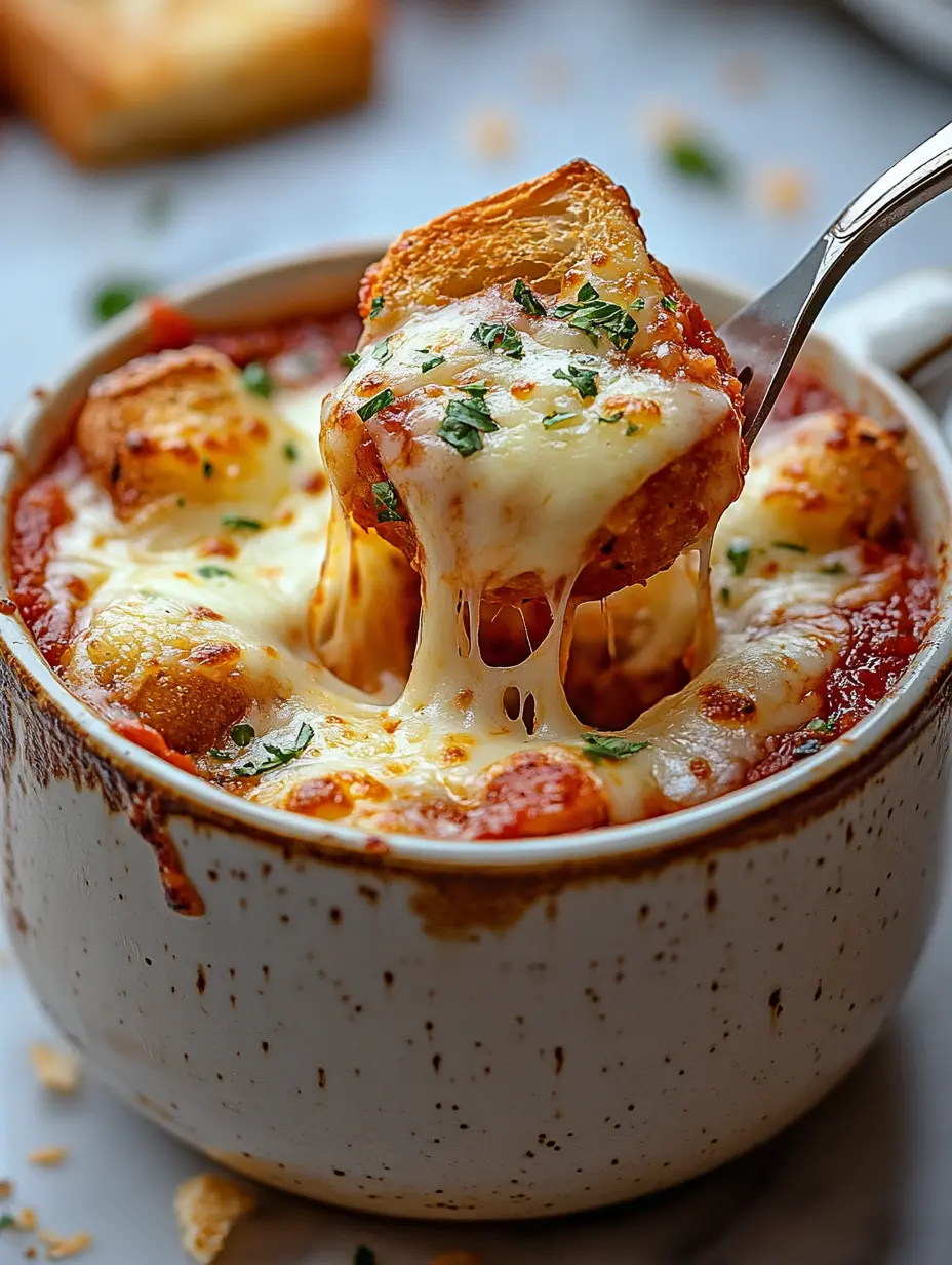 Pizza Mug Baguette: The Cozy Microwave Trend Everyone's Talking About 14 Fork lifting cheesy baguette piece from a hot pizza mug.