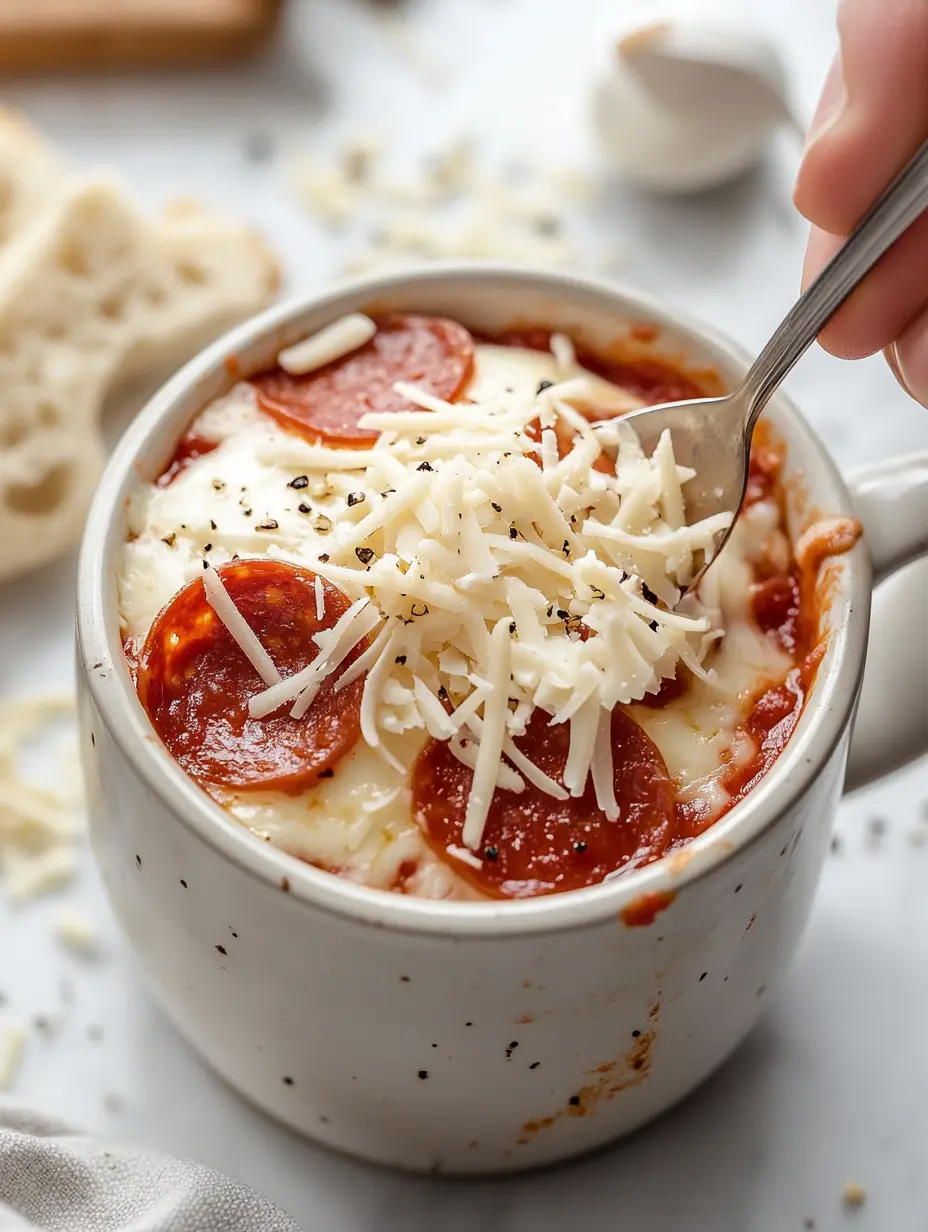Pizza Mug Baguette: The Cozy Microwave Trend Everyone's Talking About 10 Mug pizza with melted cheese and pepperoni slices, topped with fresh shredded cheese.