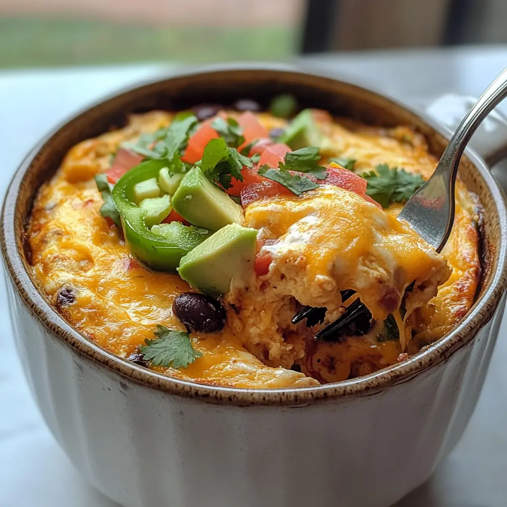 Tex-Mex Mug Omelette: Quick, Spicy, and Ready in Under 5 Minutes 12 Fork scooping cheesy Tex-Mex mug omelette with black beans and avocado