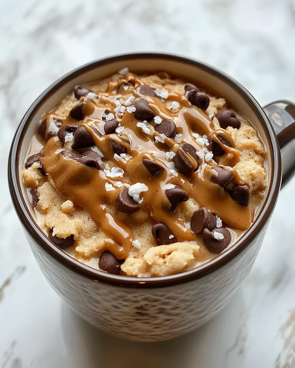 Protein Cookie Dough Mug: Safe, Sweet & Satisfying in 2 Minutes 11 Chocolate chip protein cookie dough mug with peanut butter drizzle