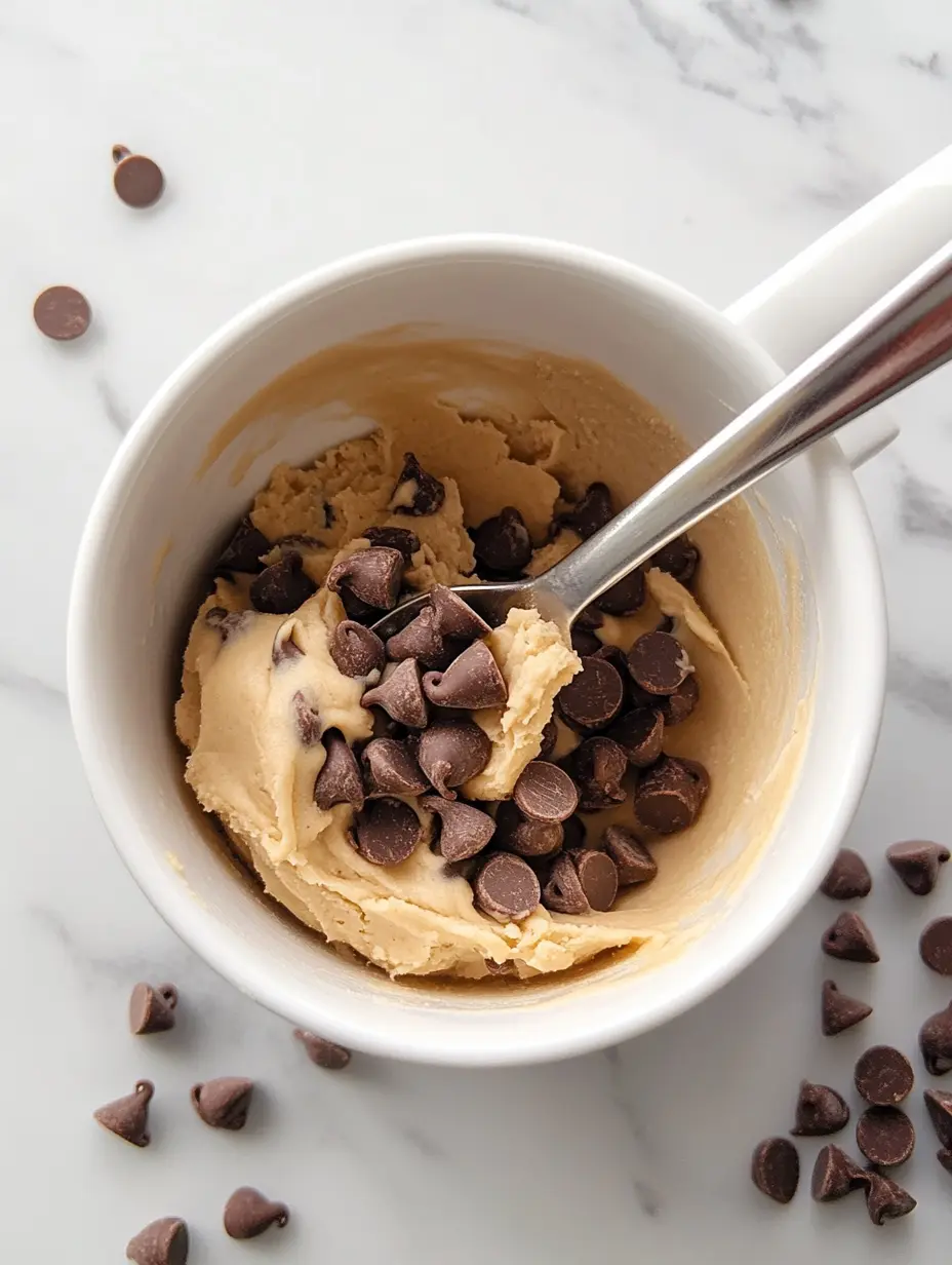 Protein Cookie Dough Mug: Safe, Sweet & Satisfying in 2 Minutes 10 Uncooked protein cookie dough in mug with chocolate chips