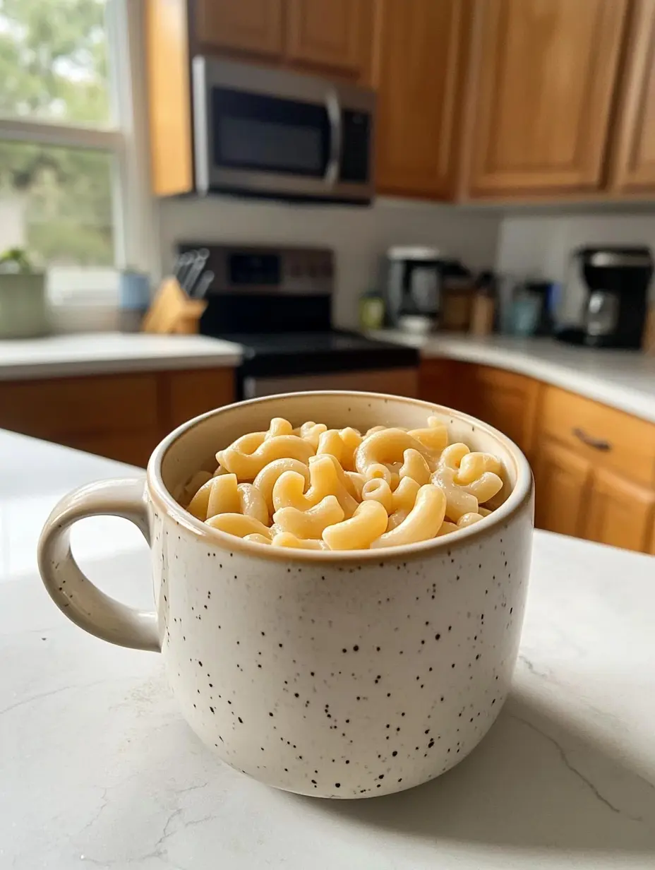 Buffalo Chicken Mug Mac & Cheese: Quick, Cozy, and Microwave-Ready 9 Plain elbow macaroni in a speckled mug on a kitchen counter