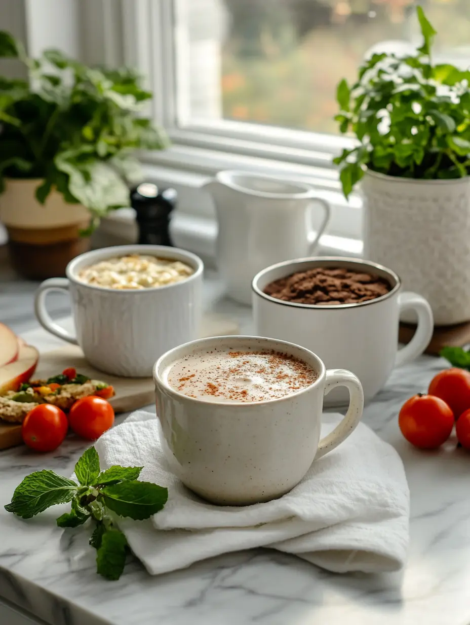 Three seasonal microwave mug meals including chocolate, oats, and creamy drinks, surrounded by cozy kitchen decor and sunlight.