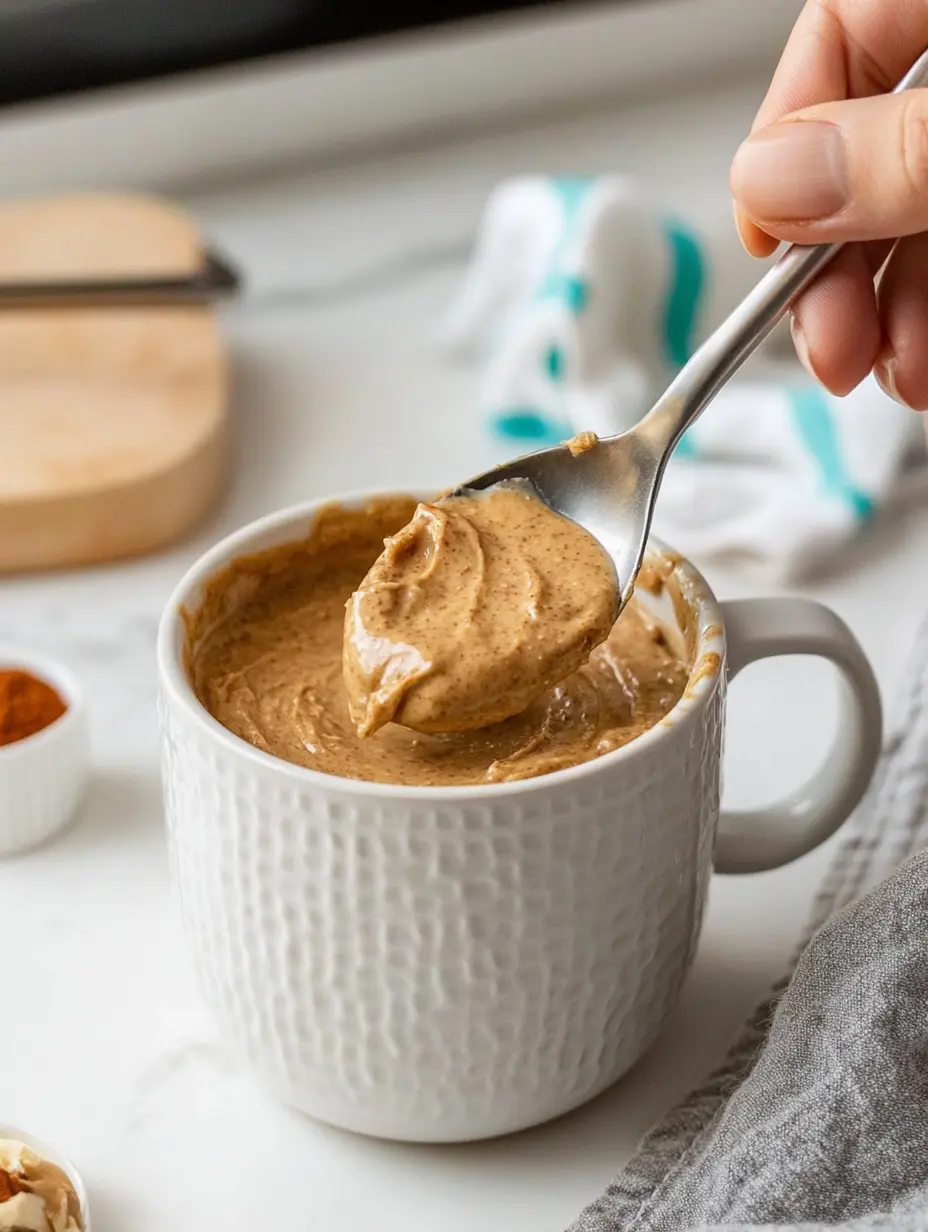 Protein Cookie Dough Mug: Safe, Sweet & Satisfying in 2 Minutes 9 Lifting spoonful of creamy protein mug mix