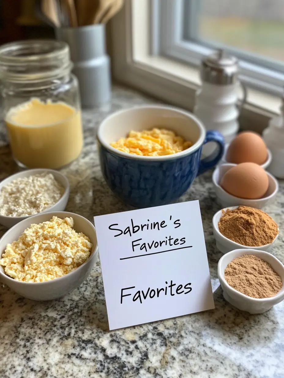 A granite countertop featuring cottage cheese, cinnamon, eggs, and a microwave mug labeled 'Sabrine's Favorites' near a window.