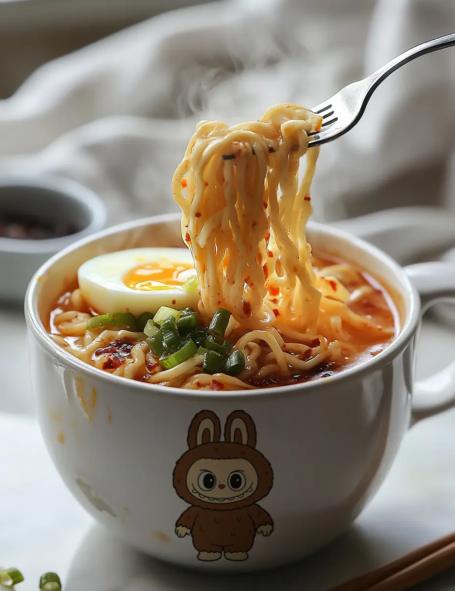 Labubu Mug Noodle Recipe – The Cozy Microwave Trend You’ll Love 10 Fork lifting steaming strands of ramen from a spicy soup-filled Labubu mug