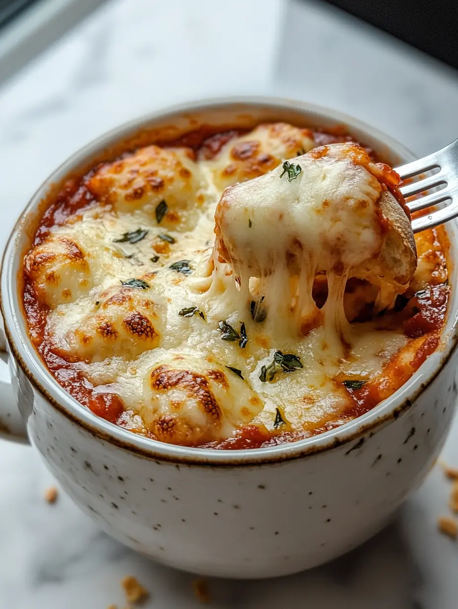 Pizza Mug Baguette: The Cozy Microwave Trend Everyone's Talking About 12 Baguette slice covered in melted cheese pulled from a mug.