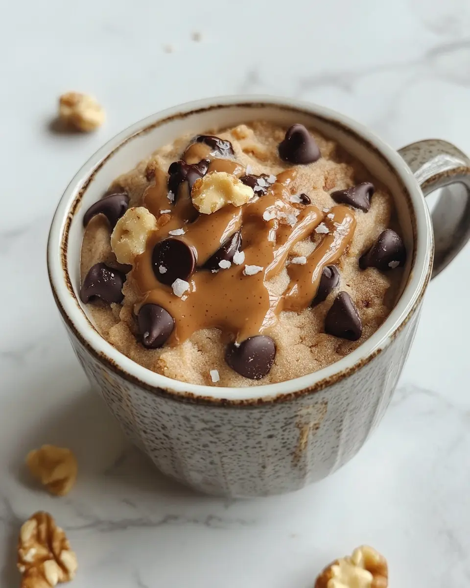 Protein Cookie Dough Mug: Safe, Sweet & Satisfying in 2 Minutes 12 Protein cookie dough mug topped with chocolate chips and walnuts