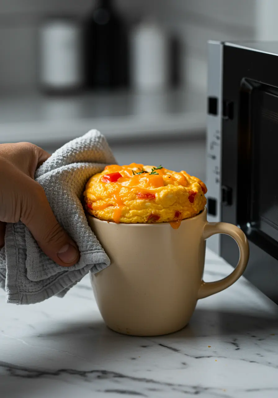 Tex-Mex Mug Omelette: Quick, Spicy, and Ready in Under 5 Minutes 10 Fluffy cooked omelette puffing out of a mug right from the microwave