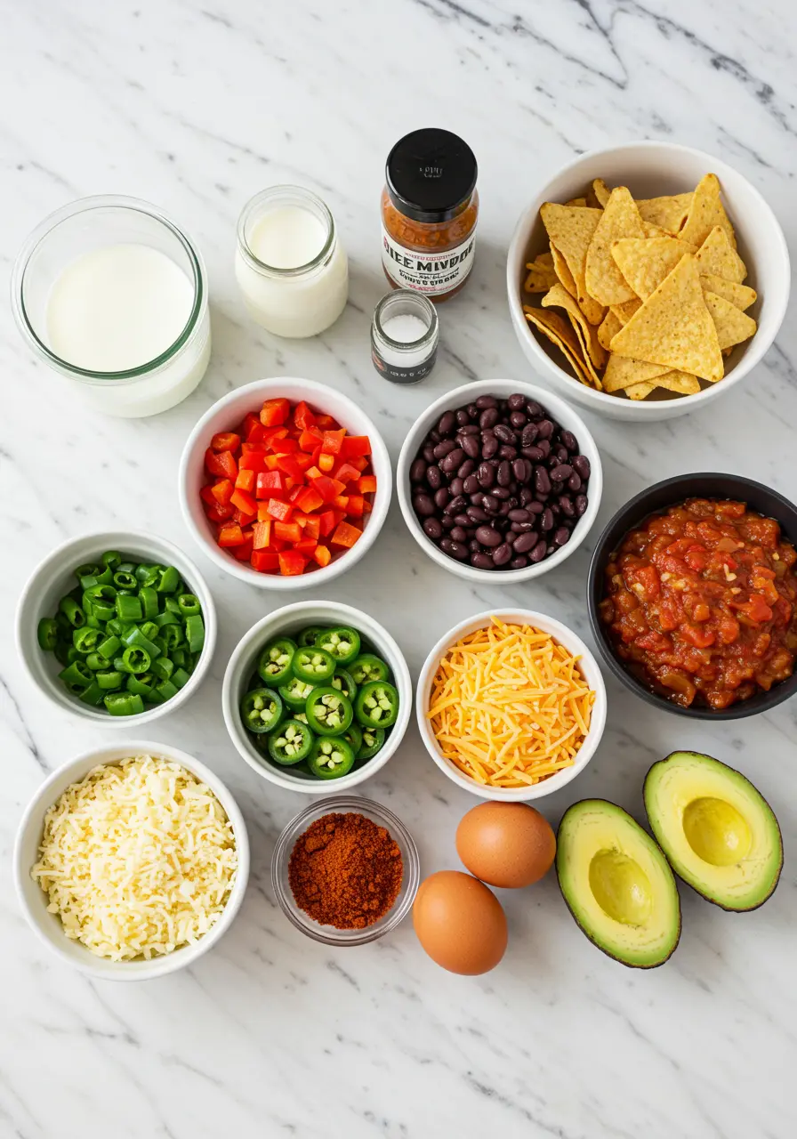 Tex-Mex Mug Omelette: Quick, Spicy, and Ready in Under 5 Minutes 8 Tex-Mex mug meal ingredients laid out on a marble counter