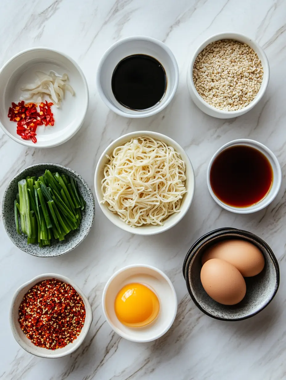 Labubu Mug Noodle Recipe – The Cozy Microwave Trend You’ll Love 7 Overhead view of ingredients for Labubu mug noodle recipe: cooked noodles, chili flakes, sesame seeds, soy sauce, garlic, scallions, eggs
