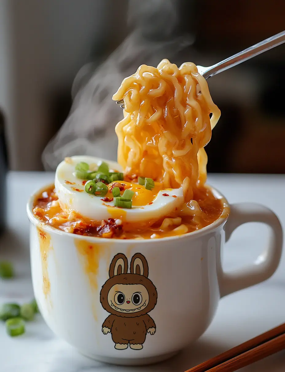 Labubu Mug Noodle Recipe – The Cozy Microwave Trend You’ll Love 9 Steaming cooked ramen in Labubu mug topped with half soft-boiled egg, chili oil, and chopped scallions