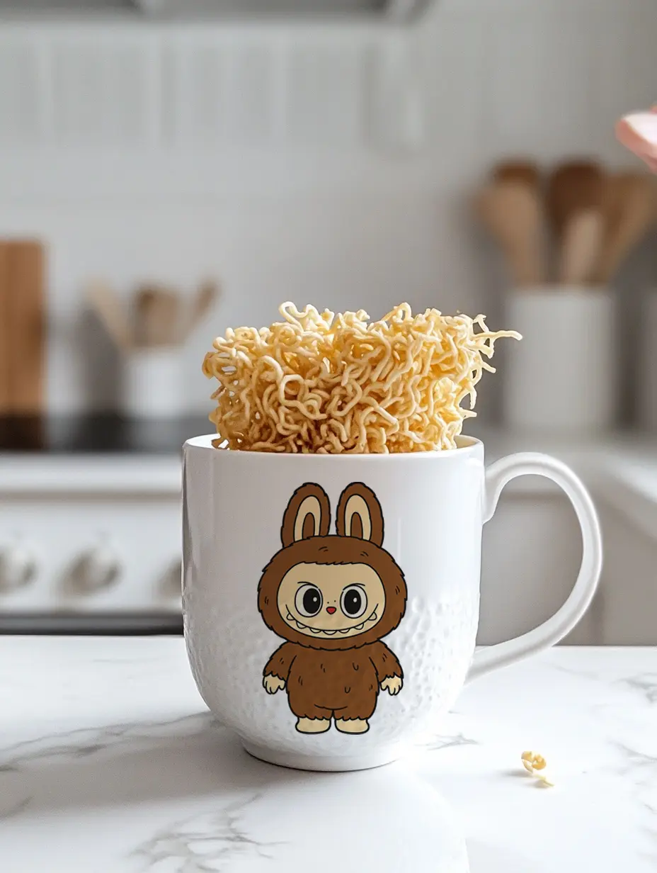 Labubu Mug Noodle Recipe – The Cozy Microwave Trend You’ll Love 8 Block of curly instant ramen noodles sitting in a white mug decorated with a brown Labubu character, kitchen counter background