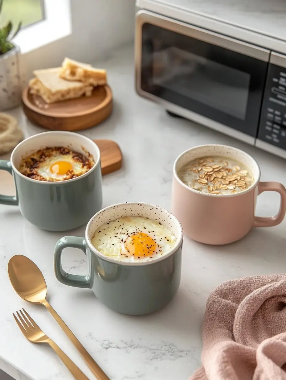 Three savory microwave egg mug meals on a white kitchen counter, with a pink towel and golden cutlery — ideal for modern cooking tips.