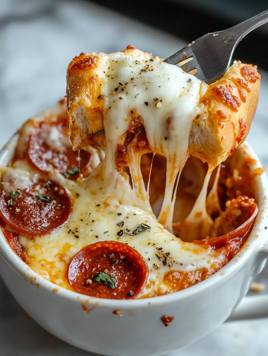 Pizza Mug Baguette: The Cozy Microwave Trend Everyone's Talking About 15 Cheesy pizza mug with pepperoni and stretchy melted cheese.