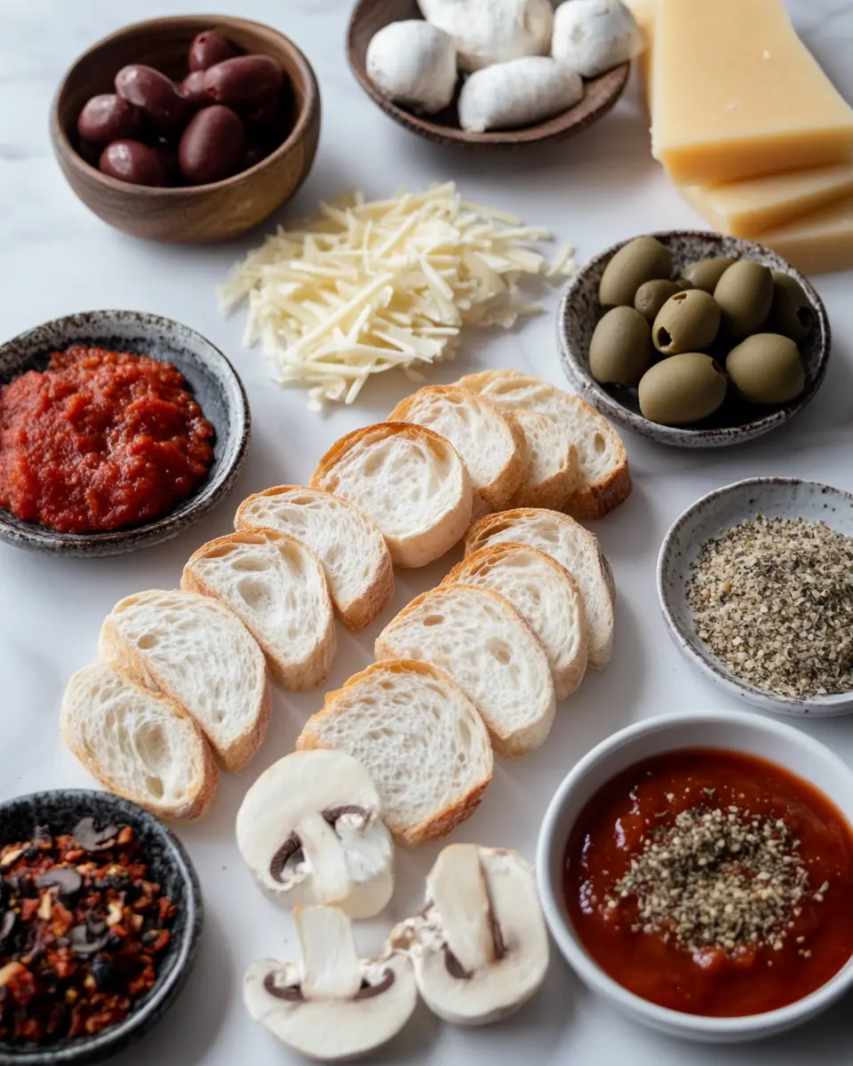 Pizza Mug Baguette: The Cozy Microwave Trend Everyone's Talking About 9 Flat lay of ingredients for pizza mug recipe including baguette, cheese, olives, and sauce.
