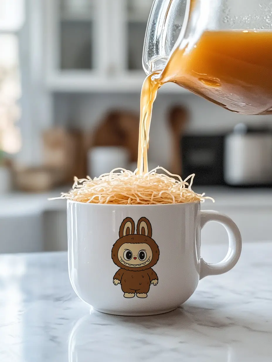 Labubu Mug Noodle Recipe – The Cozy Microwave Trend You’ll Love 9 Hot broth being poured over dried ramen noodles in a white Labubu character mug on kitchen counter