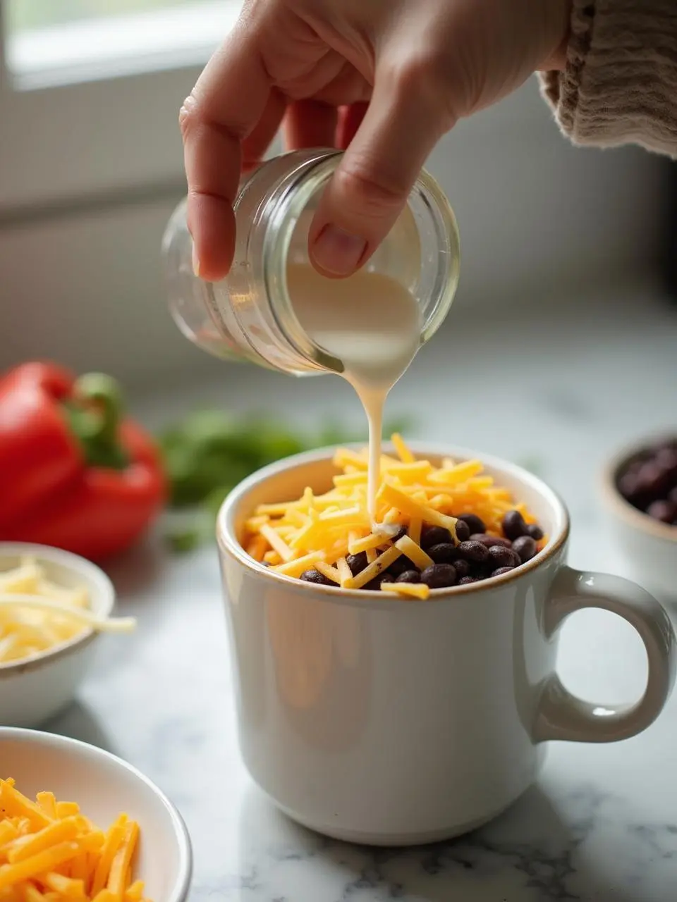 Tex-Mex Mug Omelette: Quick, Spicy, and Ready in Under 5 Minutes 9 Pouring milk over cheese and black beans in a white mug for microwave recipe