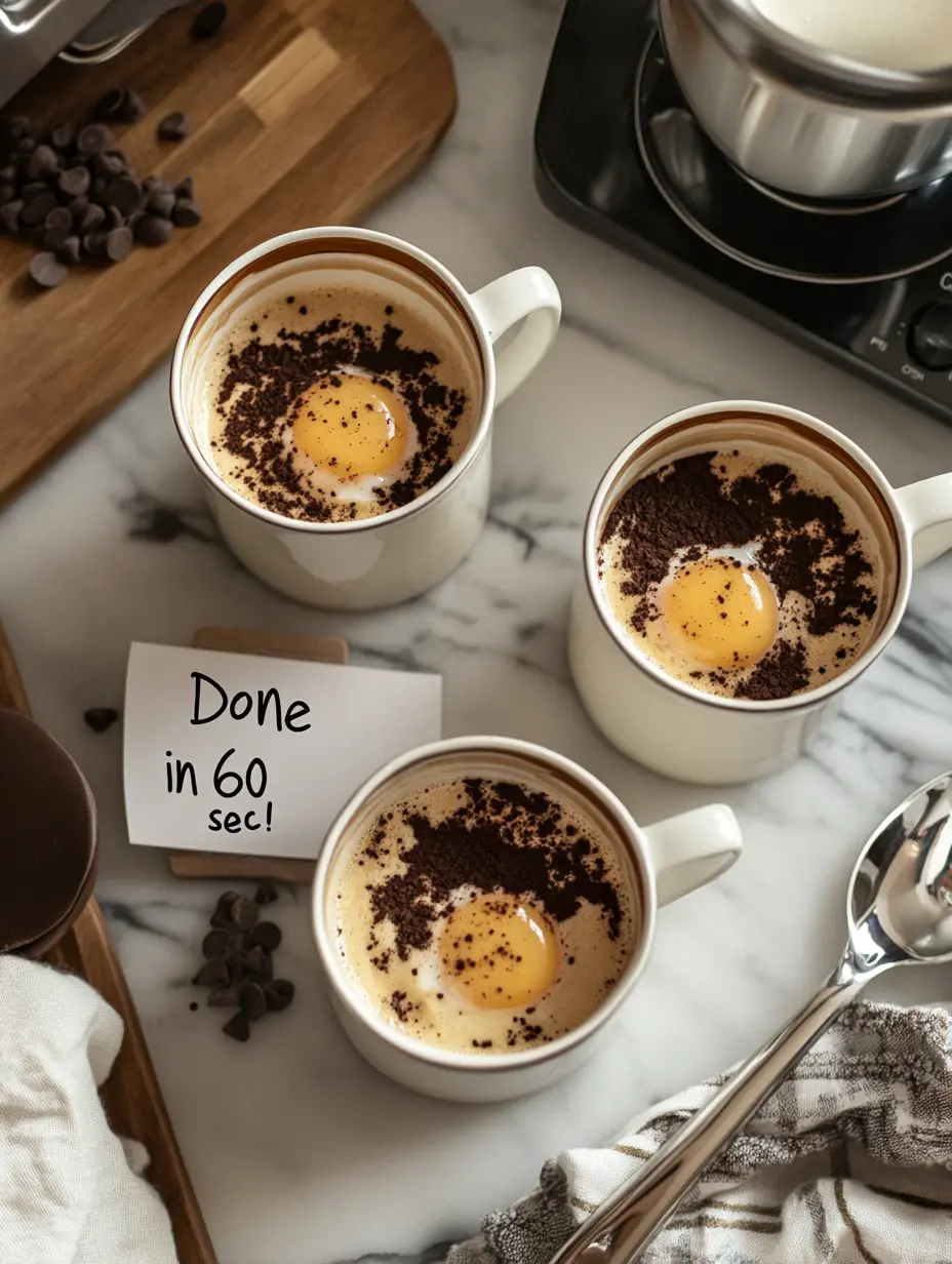 Three microwave coffee mugs with eggs, cocoa, and oats placed beside herbs, cherry tomatoes, and a pitcher near a bright window.