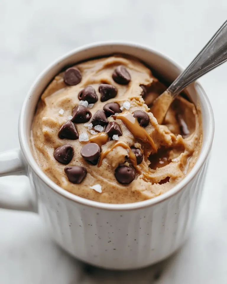 Protein Cookie Dough Mug: Safe, Sweet & Satisfying in 2 Minutes 1 Spoonful of soft protein cookie dough mug with melty chips