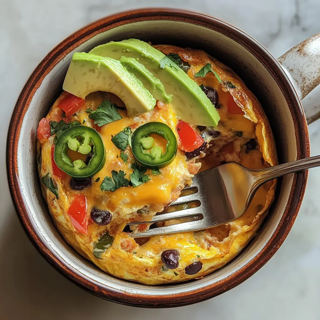 Tex-Mex Mug Omelette: Quick, Spicy, and Ready in Under 5 Minutes 11 Overhead shot of mug omelette with avocado, jalapeños, and cilantro