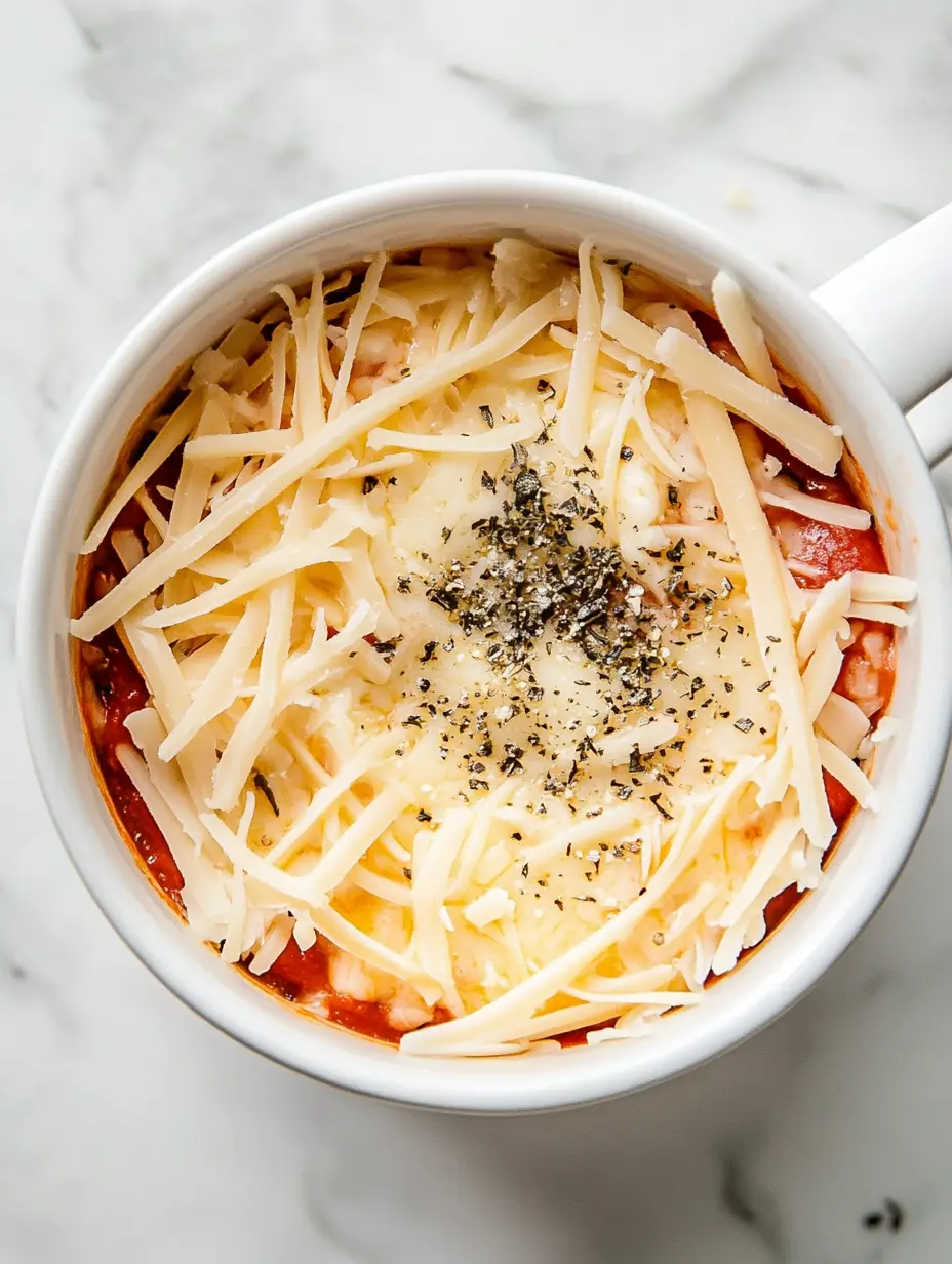 Pizza Mug Baguette: The Cozy Microwave Trend Everyone's Talking About 11 Overhead view of a pizza mug topped with shredded cheese and Italian herbs.