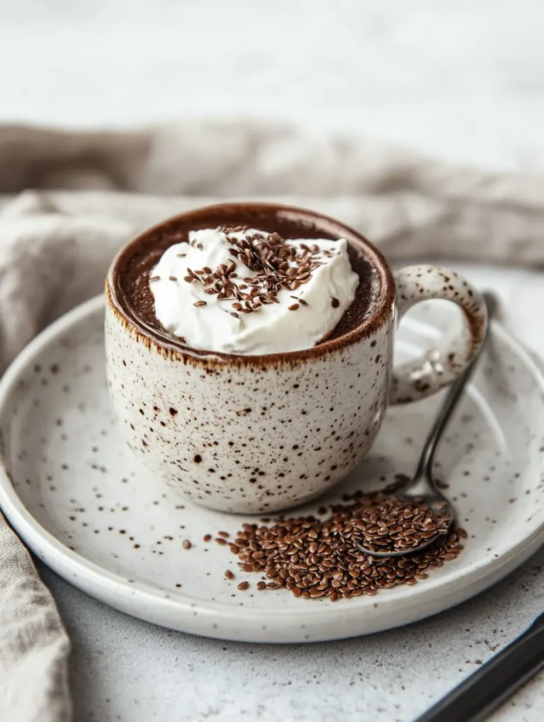 Chocolate sugar-free pudding protein mug cake with flax seeds topping