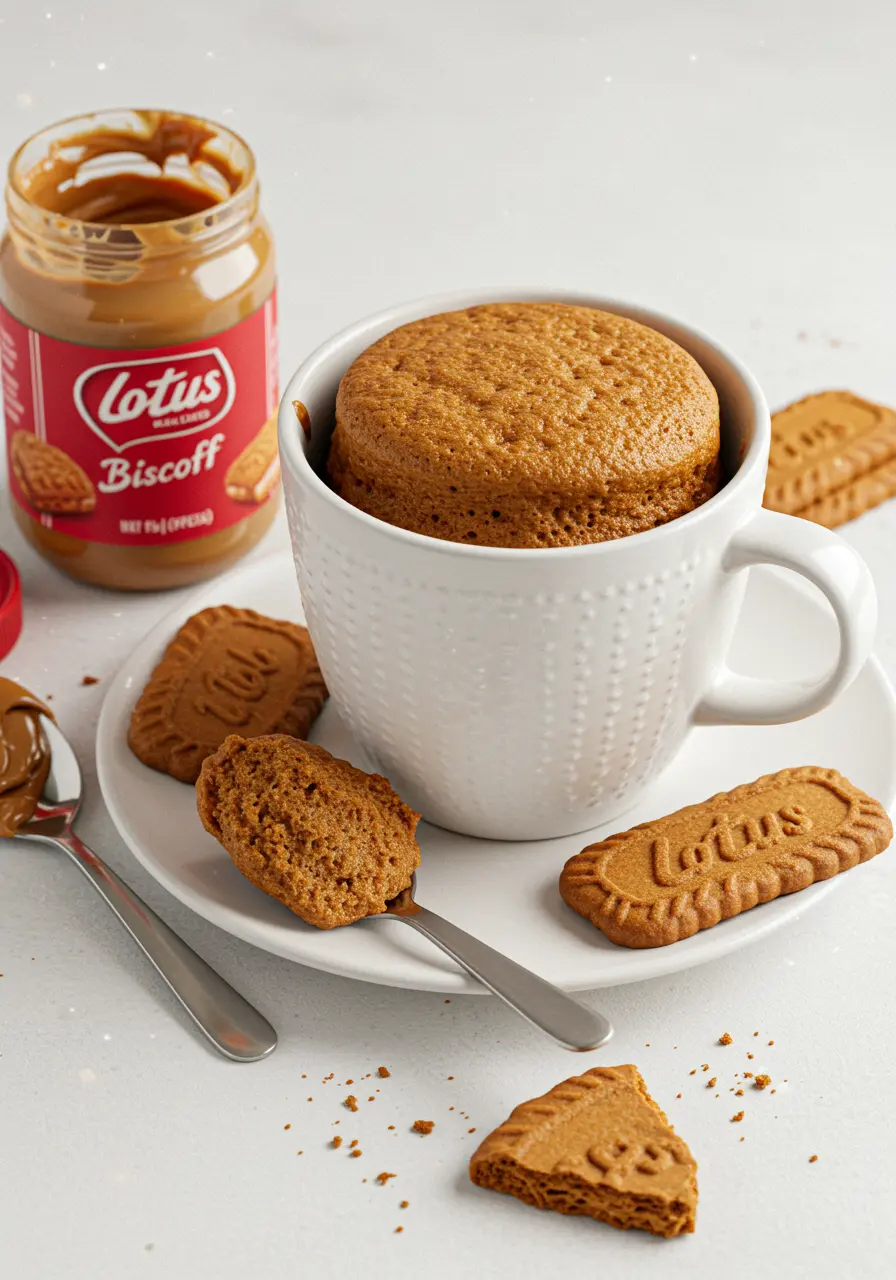Lotus Biscoff Mug Cake – The Cozy 5-Minute Dessert You’ll Crave Daily 10 Baked Lotus Biscoff mug cake in white mug with spread jar