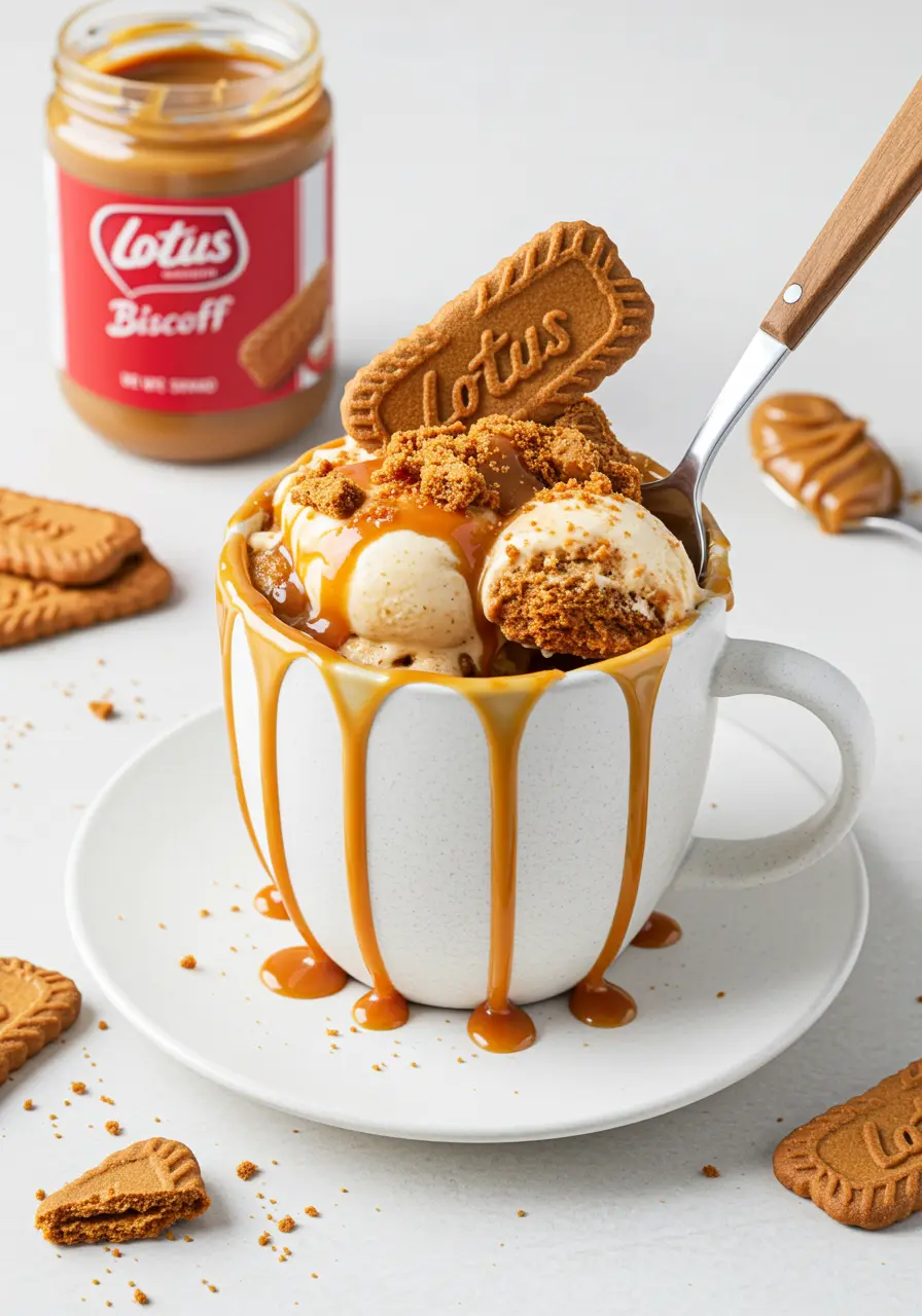 Lotus Biscoff Mug Cake – The Cozy 5-Minute Dessert You’ll Crave Daily 8 Lotus Biscoff mug cake with two scoops of vanilla and cookie crumble