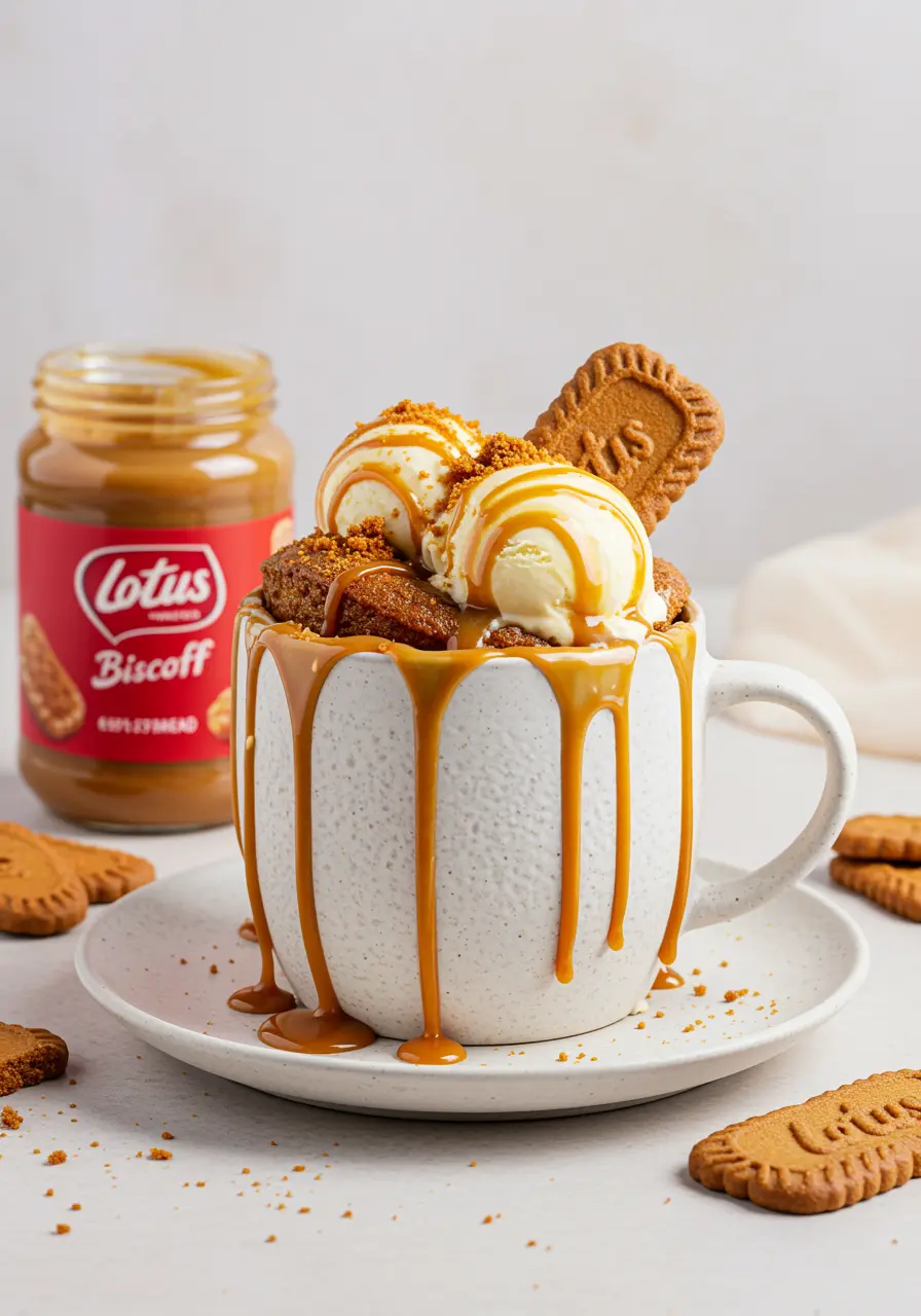 Lotus Biscoff Mug Cake – The Cozy 5-Minute Dessert You’ll Crave Daily 11 Lotus Biscoff mug cake with two scoops of vanilla and cookie crumble