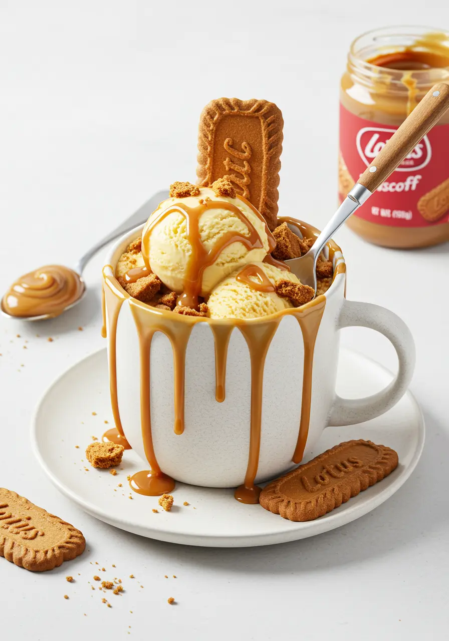 Lotus Biscoff Mug Cake – The Cozy 5-Minute Dessert You’ll Crave Daily 12 Lotus Biscoff mug cake topped with ice cream and caramel drizzle