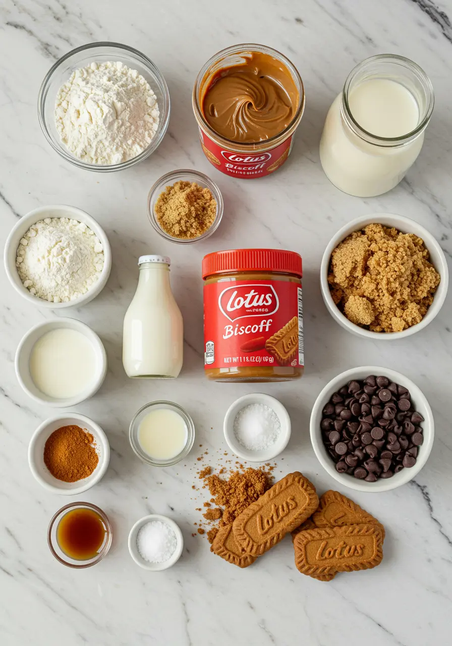 Lotus Biscoff Mug Cake – The Cozy 5-Minute Dessert You’ll Crave Daily 8 Ingredients for Lotus Biscoff mug cake including flour, sugar, milk and spreadAll the ingredients you need to make the perfect Biscoff mug cake