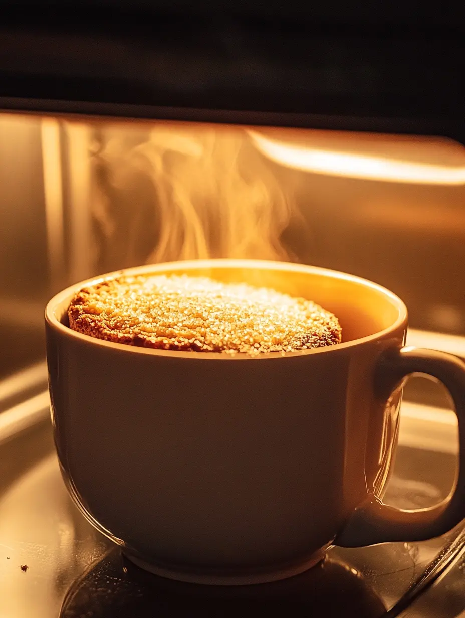 Sugar-Free Pudding Protein Mug Cake – The Ultimate 1-Minute Dessert Fix 5 Microwaving a sugar-free pudding protein mug cake with rising steam