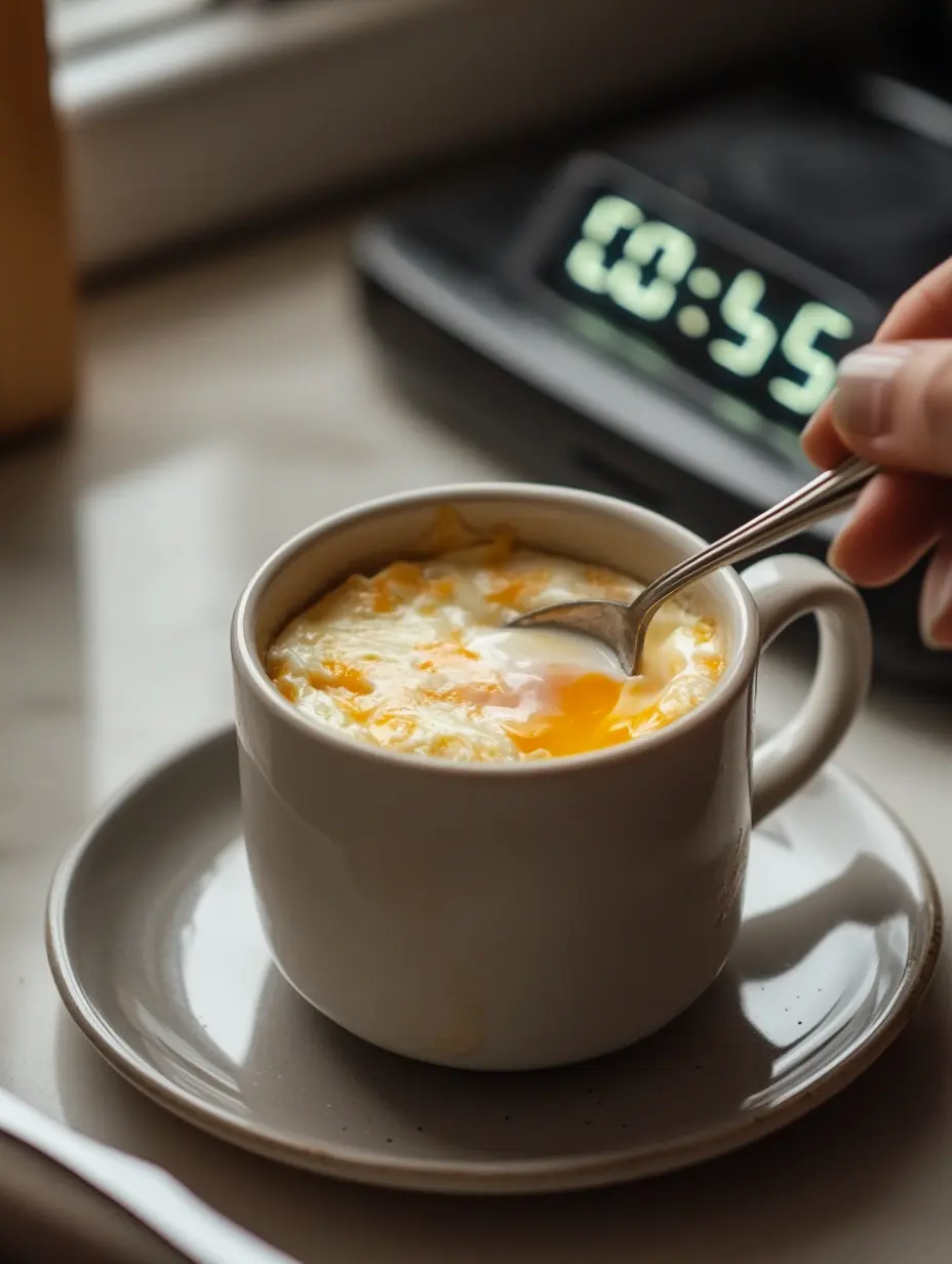 5 Golden Mug Cooking Tips to Avoid Overflow and Rubbery Texture 2 Mug cooking tips – stirring a half-cooked mug egg to avoid cold spots