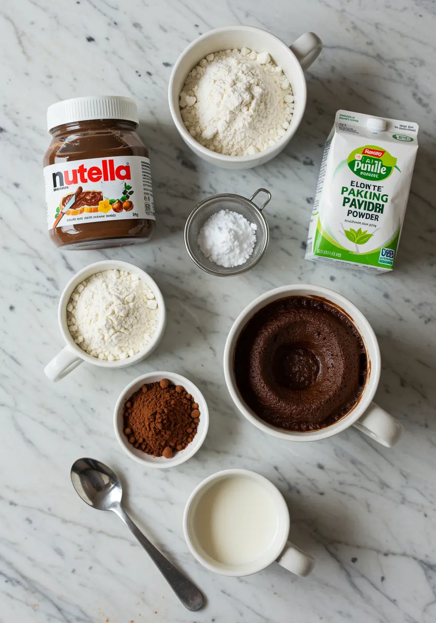 Nutella Mug Cake 2025: Quick, Gooey, and Perfect in Minutes 7 Ingredients for Nutella mug cake 2025 arranged on a kitchen counter