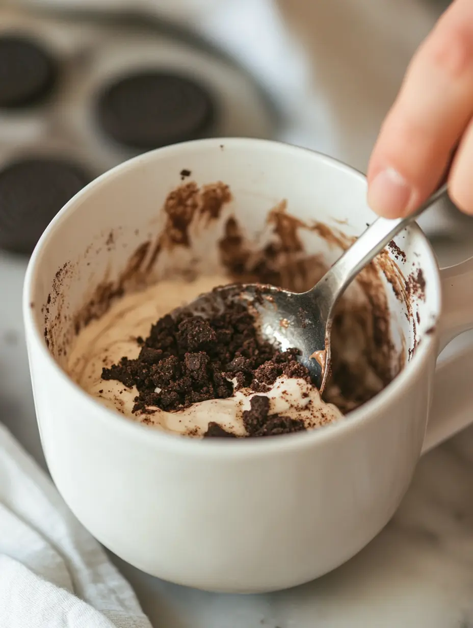 Oreo Mug Cake: The Viral Microwave Dessert That Takes 2 Minutes 8 Crushed Oreos mixed with cream in a white mug