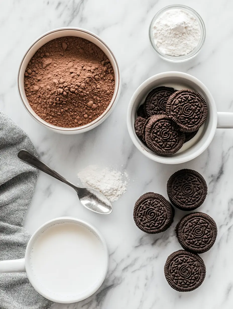 Oreo Mug Cake: The Viral Microwave Dessert That Takes 2 Minutes 7 Flat lay of Oreo mug cake ingredients on a marble countertop