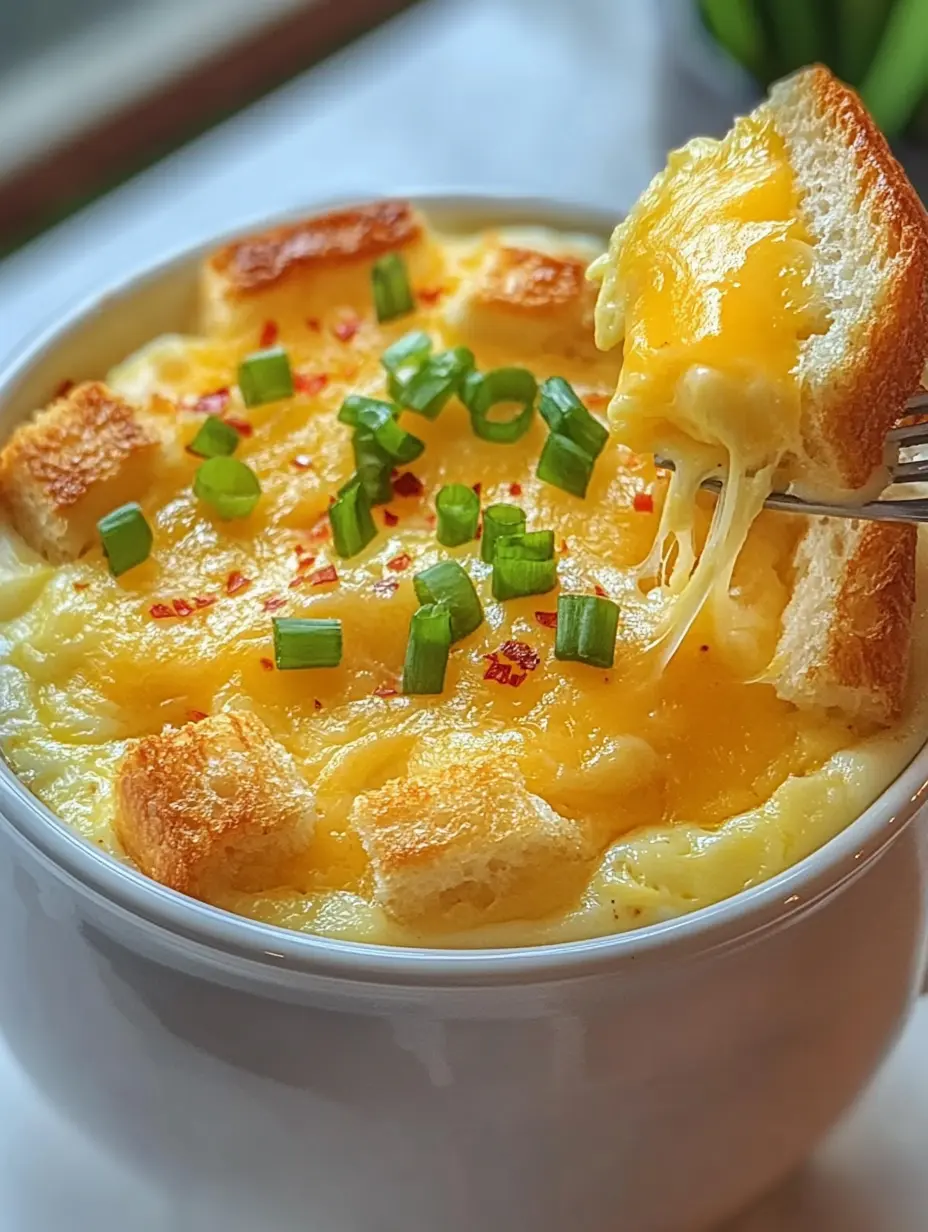Mug of cheesy egg bread with melted cheese pull on a fork