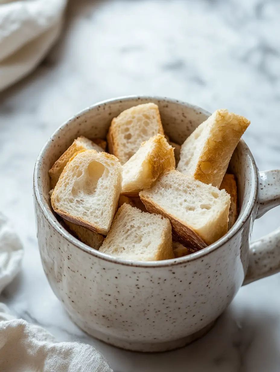 TikTok Egg Toast Mug Hack: The Coziest Breakfast You Can Microwave in Minutes 9 Cubed bread pieces in a ceramic mug on a marble surface