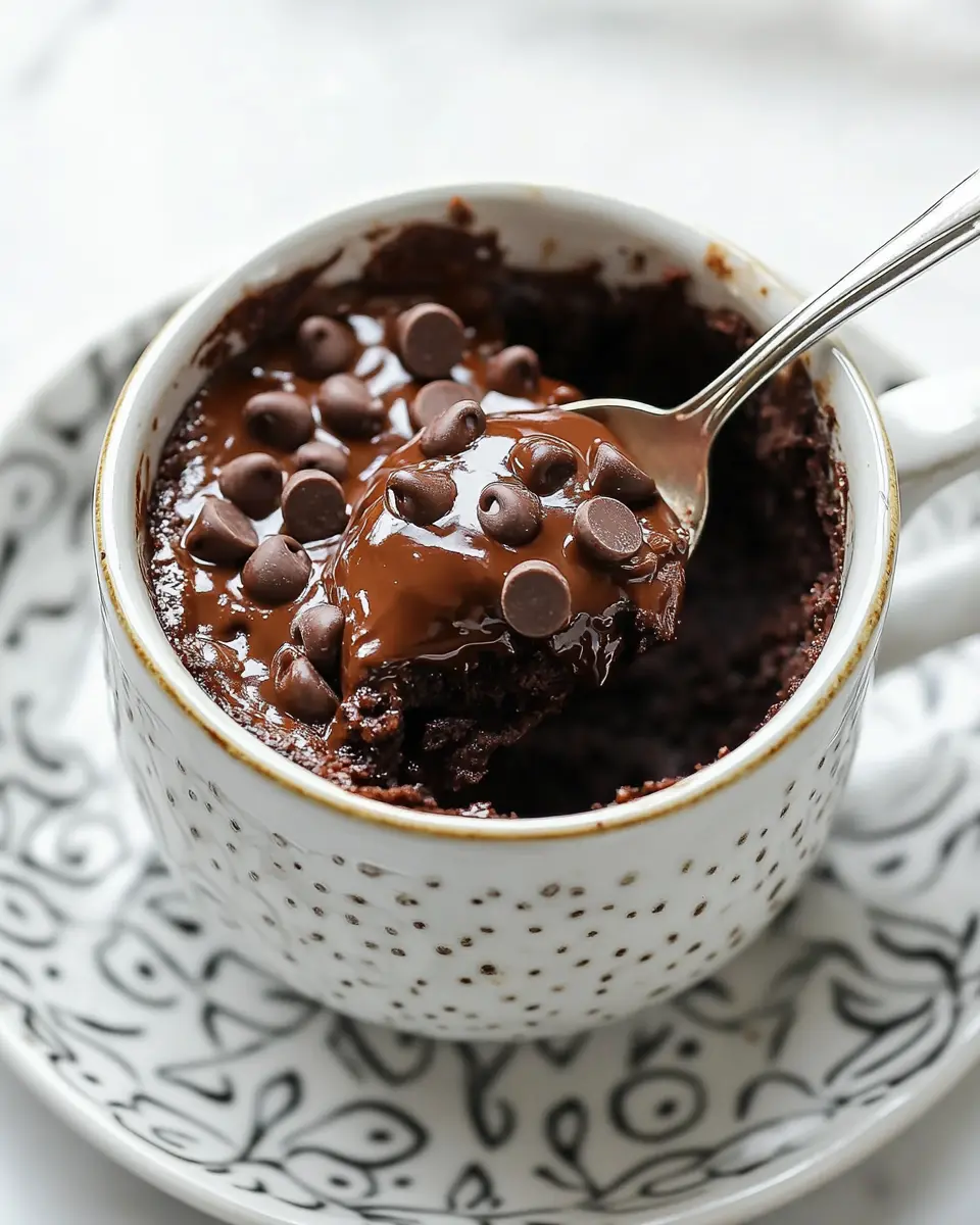 Cooked chocolate mug cake with soft center in a mug