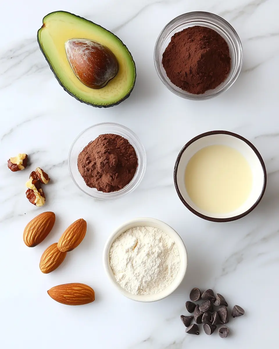 Avocado Chocolate Mug Cake – The Best Healthy Dessert in a Mug 8 Flat-lay of 2 tablespoons mashed avocado, 3 tablespoons flour, 2 tablespoons unsweetened cocoa powder, sweetener, 2 tablespoons milk, baking powder, vanilla extract, salt, cinnamon, and chocolate chips or nuts on a white marble kitchen counter in warm natural light.