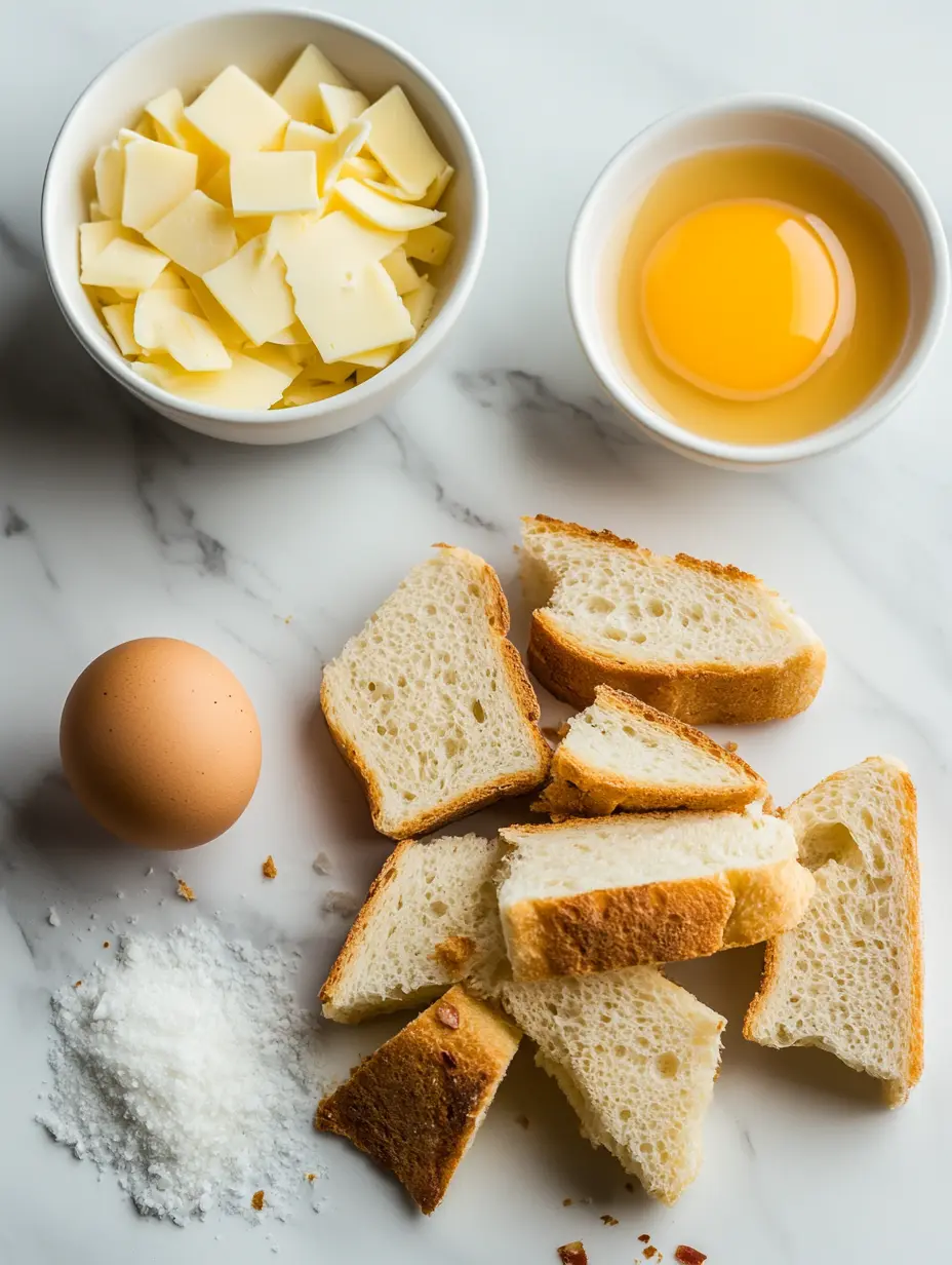 TikTok Egg Toast Mug Hack: The Coziest Breakfast You Can Microwave in Minutes 8 Torn white bread, cracked egg, shredded cheese, and salt on a marble countertop